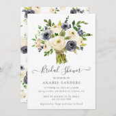 フローラベージュネイビーウォーター色牡丹ブライダルシャワー 招待状 (正面/裏面)