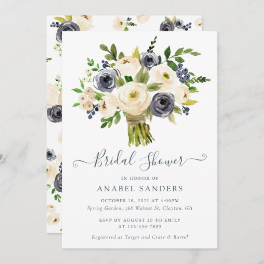 フローラベージュネイビーウォーター色牡丹ブライダルシャワー 招待状 (正面/裏面)
