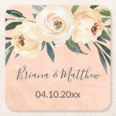 フローラベージュ結婚ピンク スクエアペーパーコースター (正面)