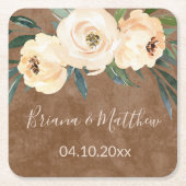 フローラベージュ結婚ブラウン スクエアペーパーコースター (正面)