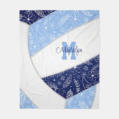 フローラペイズリーネイビーライトブルーバレーボール フリースブランケット (正面)