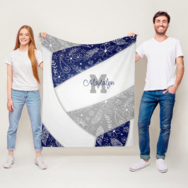 フローラペイズリー模様ネイビーブルーグレーバレーボール フリースブランケット