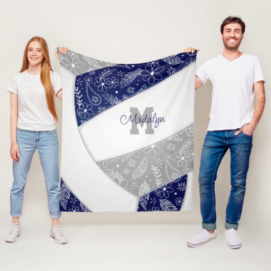 フローラペイズリー模様ネイビーブルーグレーバレーボール フリースブランケット (インサイチュ)