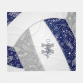 フローラペイズリー模様ネイビーブルーグレーバレーボール フリースブランケット (正面(横))