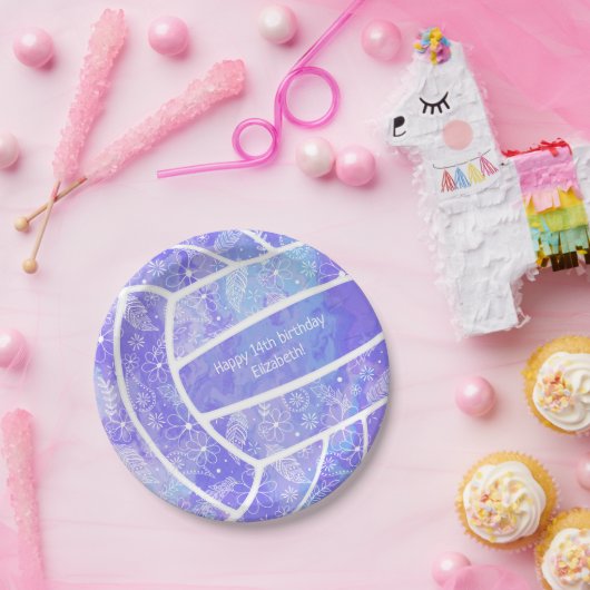 フローラペイズリー羽ドードルパープルバレーボール ペーパープレート (パーティー)