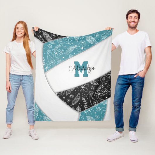 フローラペイズリー羽毛ティール(緑がかった色)ブラックボホバレーボール フリースブランケット (インサイチュ)