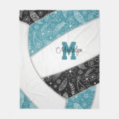 フローラペイズリー羽毛ティール(緑がかった色)ブラックボホバレーボール フリースブランケット (正面)