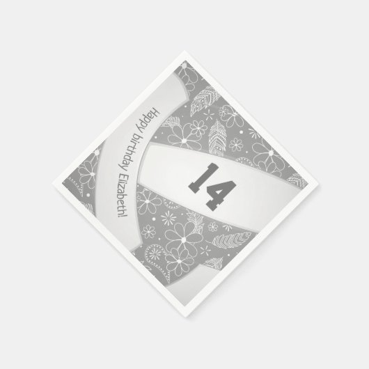 フローラペイズリー羽毛ドードルグレーバレーボール スタンダードカクテルナプキン (角)