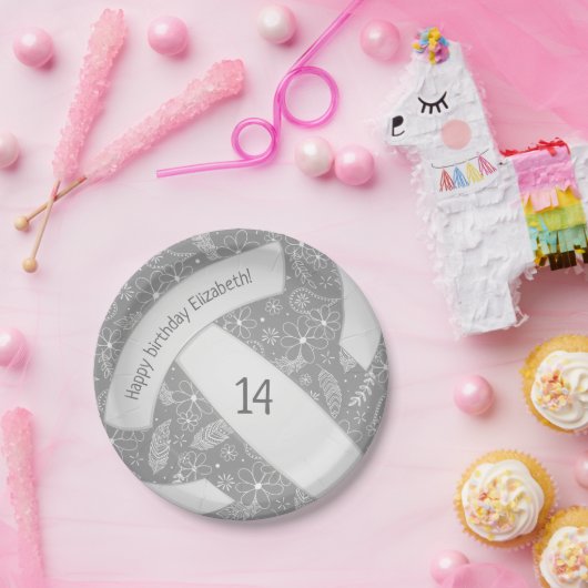 フローラペイズリー羽毛ドードルグレーバレーボール ペーパープレート (パーティー)