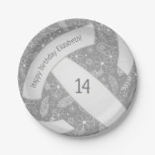 フローラペイズリー羽毛ドードルグレーバレーボール ペーパープレート (正面)