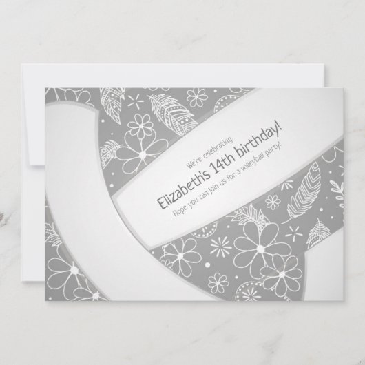 フローラペイズリー羽毛ドードルグレーバレーボール 招待状 (正面)