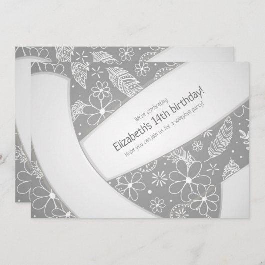 フローラペイズリー羽毛ドードルグレーバレーボール 招待状 (正面/裏面)