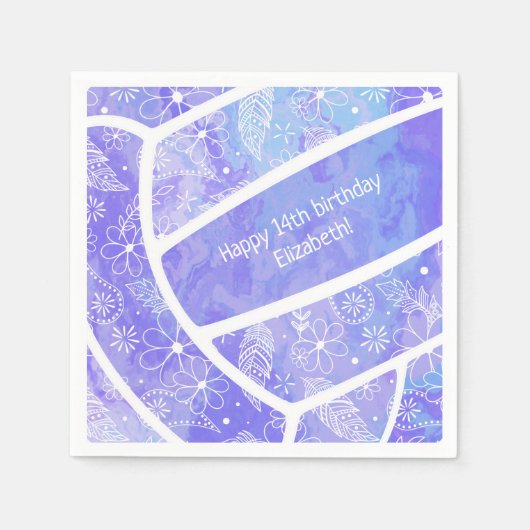フローラペイズリー羽毛ドードルパープルバレーボール スタンダードカクテルナプキン (正面)