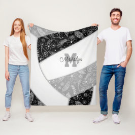 フローラペイズリー羽毛ブラックグレーバレーボール フリースブランケット