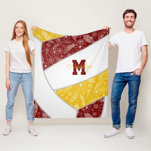 フローラペイズリー羽毛マルーン金ゴールドバレーボール フリースブランケット (インサイチュ)