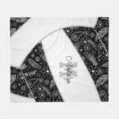 フローラペイズリー羽毛白黒バレーボール フリースブランケット (正面(横))