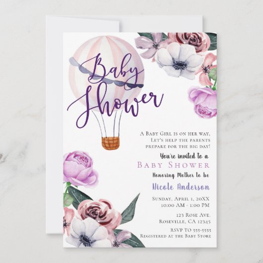フローラホットエアバルーン赤ちゃんシャワーラベンダーパープル 招待状 (正面)