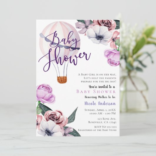 フローラホットエアバルーン赤ちゃんシャワーラベンダーパープル 招待状 (スタンド正面)