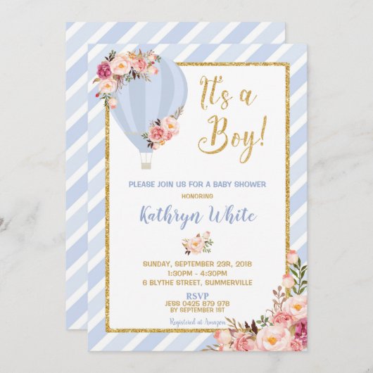 フローラホットエアバルーン赤ちゃんシャワー招待状少年 招待状 (正面/裏面)