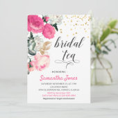 フローラホットピンク牡丹バラ金ゴールドブライダルシャワー茶 招待状 (スタンド正面)