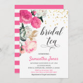 フローラホットピンク牡丹バラ金ゴールドブライダルシャワー茶 招待状 (正面/裏面)