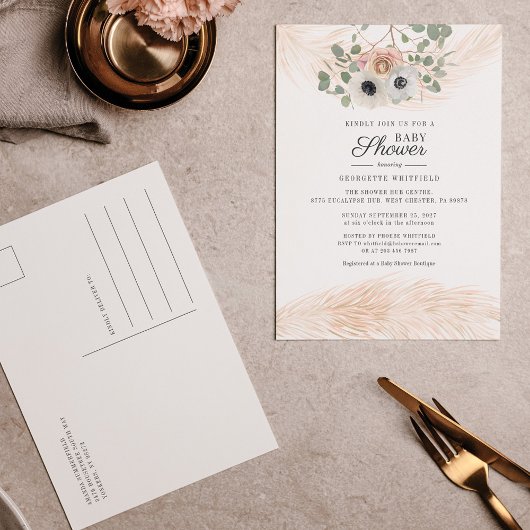 フローラホパンパスグラスガールモダンベビーシャワー インビテーションポストカード