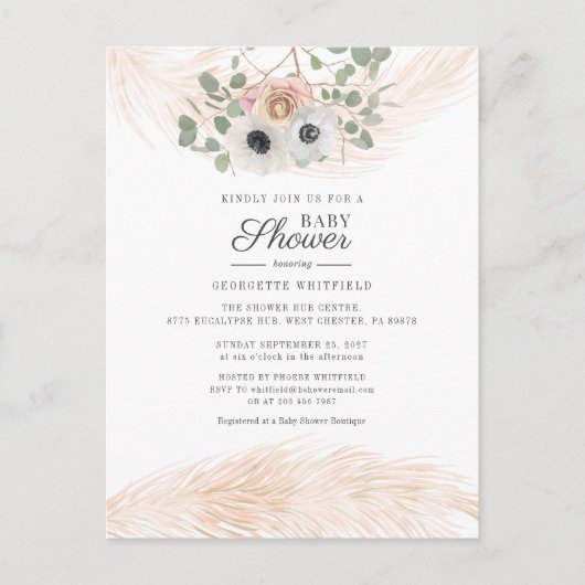 フローラホパンパスグラスガールモダンベビーシャワー インビテーションポストカード (正面)