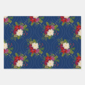 フローラホリデーブーケギフトラップブルー3パック ラッピングペーパーシート (正面2)