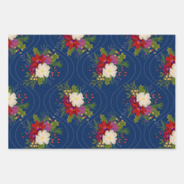 フローラホリデーブーケギフトラップブルー3パック ラッピングペーパーシート