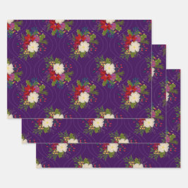 フローラホリデーブーケギフトラップ紫3パック ラッピングペーパーシート