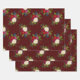 フローラホリデーブーケギフトラップ赤3パック ラッピングペーパーシート