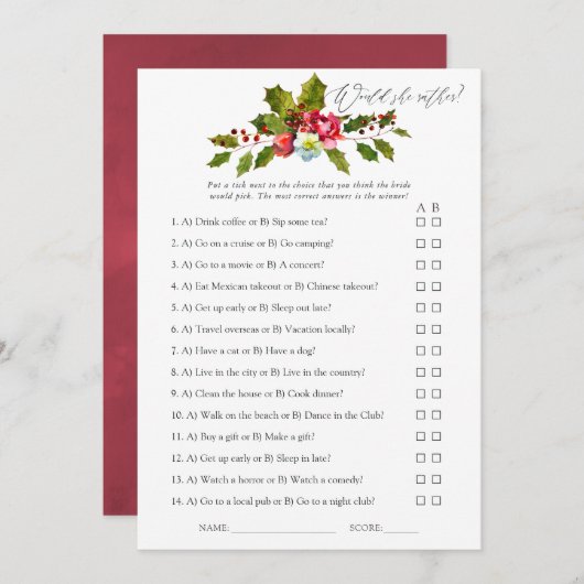 フローラホリークリスマスブライダルシャワーゲーム 招待状 (正面/裏面)