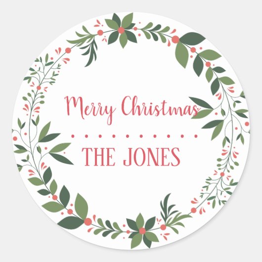 フローラホリーリース |クリスマスパーソナライズされたクラス ラウンドシール (正面)