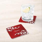 フローラホワイトさくらんぼブロッサムレッドアドネームモノグラム スクエアペーパーコースター (インサイチュ)