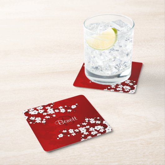 フローラホワイトさくらんぼブロッサムレッドアドネームモノグラム スクエアペーパーコースター (インサイチュ)