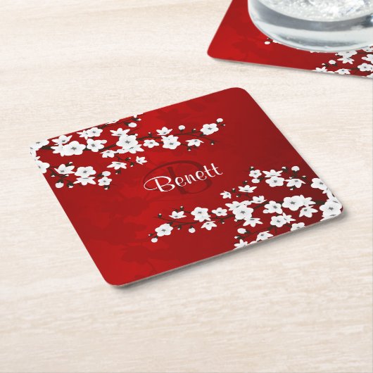 フローラホワイトさくらんぼブロッサムレッドアドネームモノグラム スクエアペーパーコースター (アングル)