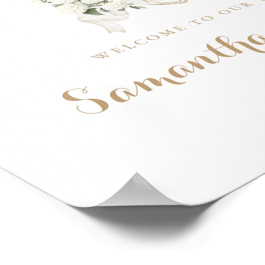 フローラホワイトアジサイのクレストモノグラムウェルカムサイン ポスター (角)