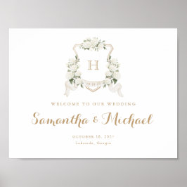 フローラホワイトアジサイのクレストモノグラムウェルカムサイン ポスター