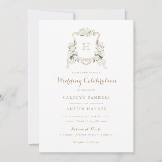 フローラホワイトアジサイのクレスト金ゴールドモノグラム結婚ズ 招待状 (正面)