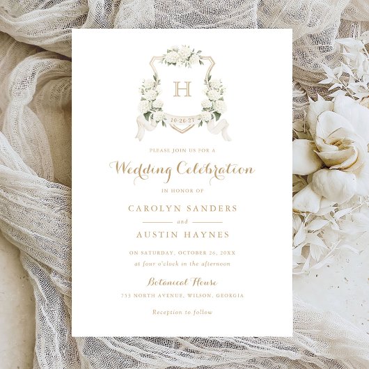 フローラホワイトアジサイのクレスト金ゴールドモノグラム結婚ズ 招待状