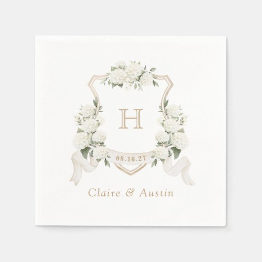 フローラホワイトアジサイ結婚クレストモノグラム スタンダードカクテルナプキン (正面)