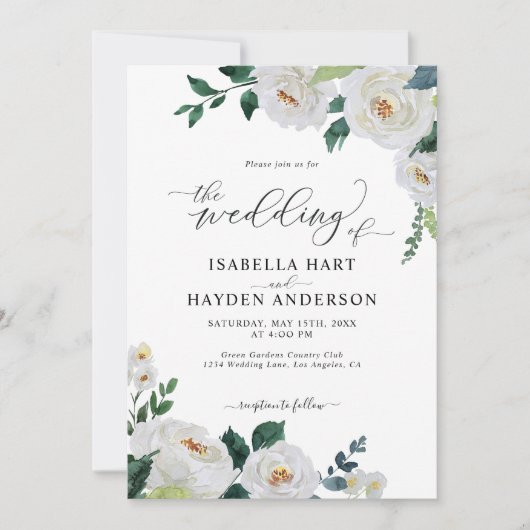 フローラホワイトエレガントエメラルドウォーター結婚カラー 招待状 (正面)