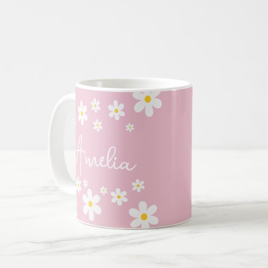 フローラホワイトデイジーピンクパーソナライズドマグカップ コーヒーマグカップ (正面左)