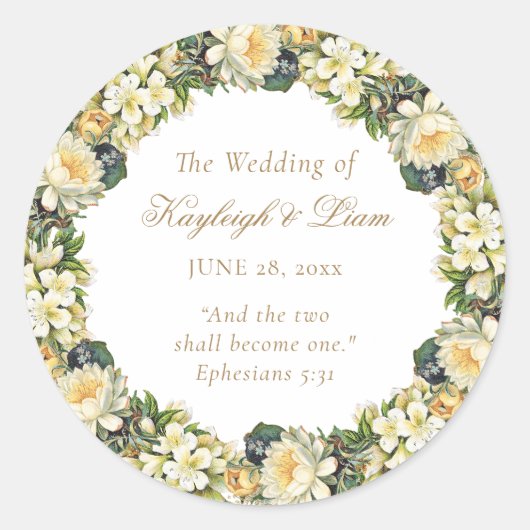 フローラホワイトバイブル聖句クリスチャン結婚ズ ラウンドシール (正面)