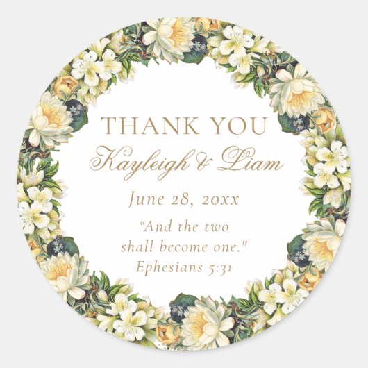 フローラホワイトバイブル聖句クリスチャン結婚式の引き出物 ラウンドシール (正面)