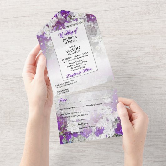 フローラホワイトパープルすべて1つの結婚式の招待 オールインワン招待状 (貼ってはがせる)