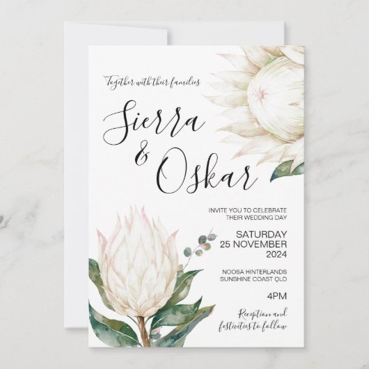 フローラホワイトプロテア先住民結婚の花 招待状 (正面)