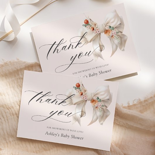 フローラホワイトボウエレガントベイビーシャワーありがとう サンキューカード