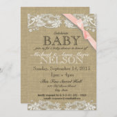 フローラホワイトレースとバーブベビーシャワー赤面ピンク 招待状 (正面/裏面)