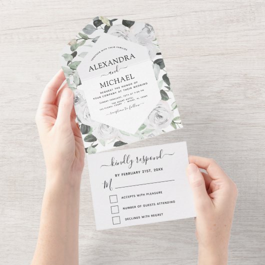 フローラホワイトローズユーカリプトゥスウェディングRSVP オールインワン招待状 (貼ってはがせる)